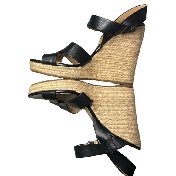 Michael Kors Black Leather Wedge Espadrille Sandals Size 10 Open Toe Ankle Strap - Picture 10 of 11